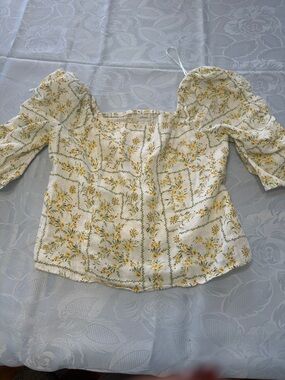 Joie Cream Square-Neck Floral Puff-Sleeve Blouse